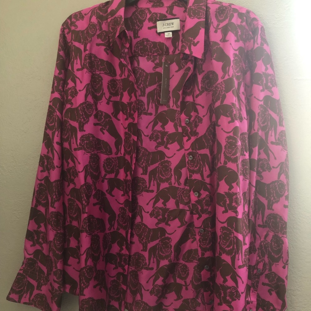 J CREW Fuchsia lion button front silky blouse 16